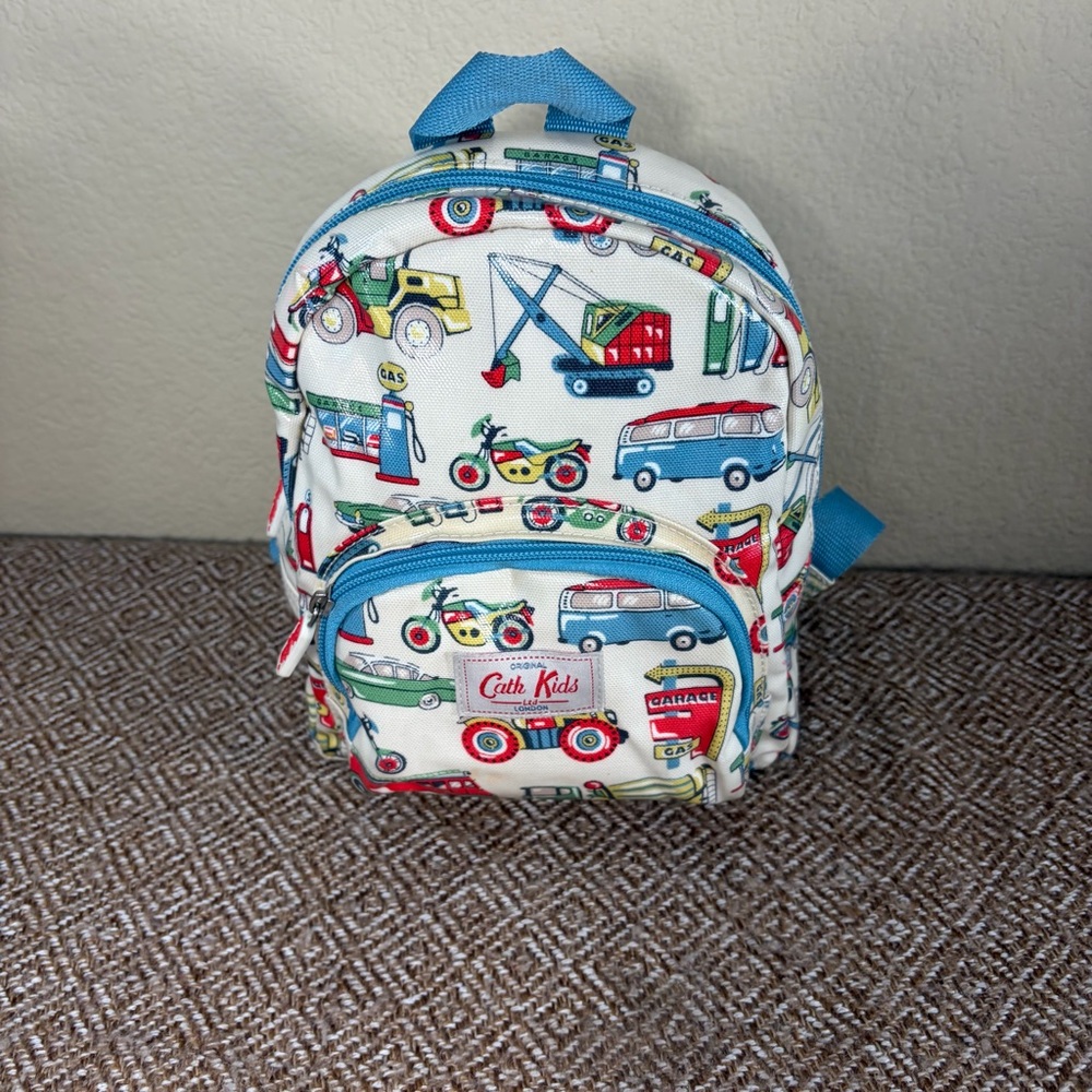 Cath Kids Kidston Mini Backpack Diggers Work Trucks Vintage Cars Gas Pumps EUC